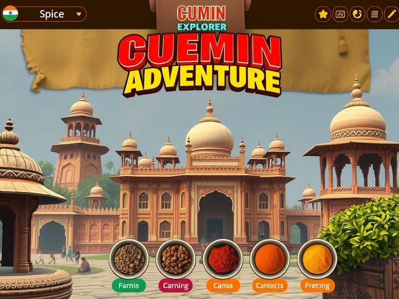 Cumin Explorer Adventure gameplay screenshot showing Indian temples and spice collectibles